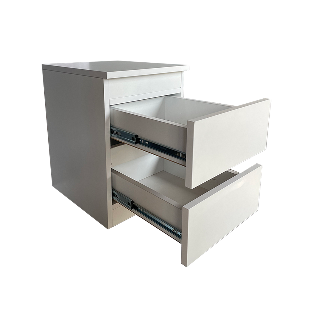 Beyaz renk gizli bölmeli komodin yan görünüm çekmeceler açık