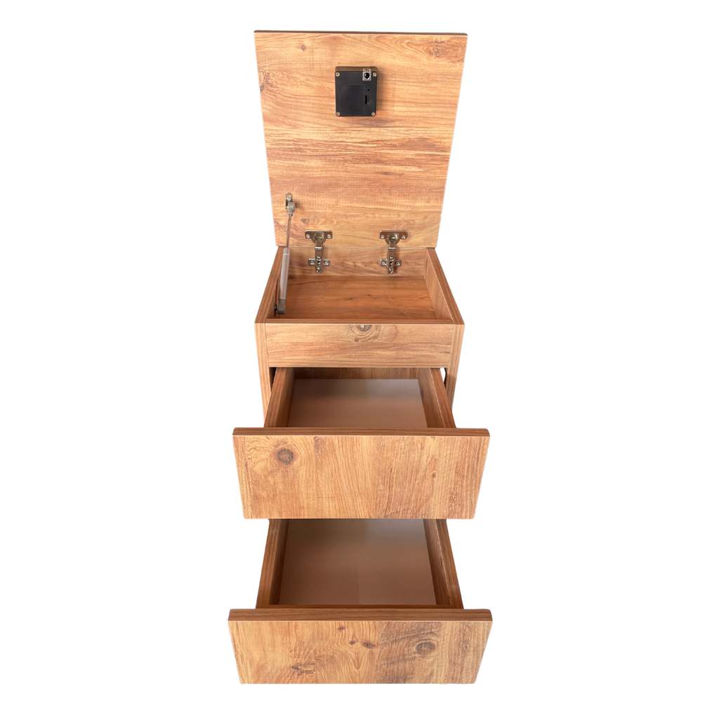 Gizli bölmeli komodin çekmeceleri açık halde safir meşe renk